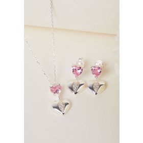 Elika Silver 925 Ayar Gümüş Sallantılı Kalp Kolye ve Küpe Set