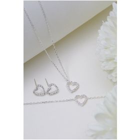Elika Silver Kadın Kalp Model 925 Ayar Gümüş Kolye Bileklik ve Küpe Set