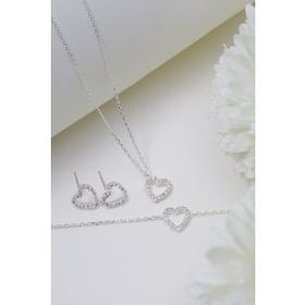 Elika Silver Kadın Kalp Model 925 Ayar Gümüş Kolye Bileklik ve Küpe Set