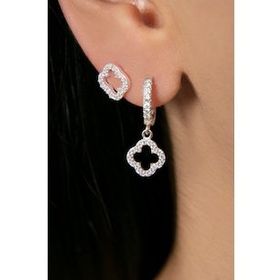 Elika Silver Kadın Yonca Model İkili 925 Ayar Gümüş Küpe Set