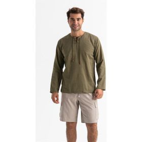 Eliş Şile Bezi 3049 Koyu Haki Uzun Kol Zımbalı Erkek T-Shirt