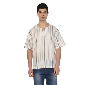 Eliş Şile Bezi Ekru Gri Çizgili 3028 Büyük Beden Kısa Kol Şile Bezi Bisiklet Yaka Erkek Tshirt