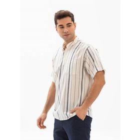 Eliş Şile Bezi Ekru Gri Çizgili 3028 Kısa Kol Şile Bezi Hakim Yaka Erkek Tshirt