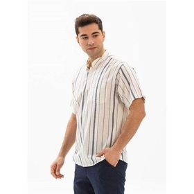 Eliş Şile Bezi Ekru Gri Çizgili 3028 Kısa Kol Şile Bezi Hakim Yaka Erkek Tshirt