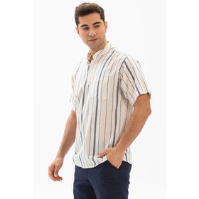 Eliş Şile Bezi Ekru Gri Çizgili 3028 Kısa Kol Şile Bezi Hakim Yaka Erkek Tshirt