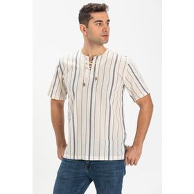 Eliş Şile Bezi Ekru Gri Çizgili 3028 Kısa Kol Şile Bezi Zımbalı Erkek Tshirt