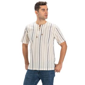 Eliş Şile Bezi Ekru Gri Çizgili 3028 Kısa Kol Şile Bezi Zımbalı Erkek Tshirt