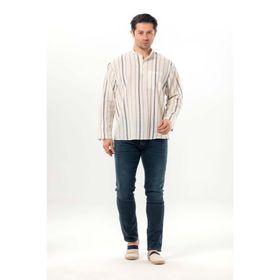 Eliş Şile Bezi Ekru Gri Çizgili 3028 Uzun Kol Şile Bezi Hakim Yaka Erkek Tshirt