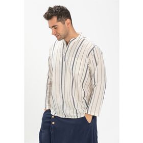 Eliş Şile Bezi Ekru Gri Çizgili 3028 Uzun Kol Şile Bezi Hakim Yaka Erkek Tshirt