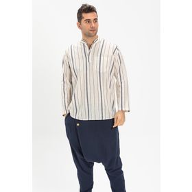Eliş Şile Bezi Ekru Gri Çizgili 3028 Uzun Kol Şile Bezi Hakim Yaka Erkek Tshirt