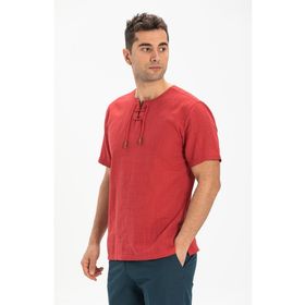 Eliş Şile Bezi Kırmızı 3051 Kısa Kol Şile Bezi Zımbalı Erkek Tshirt