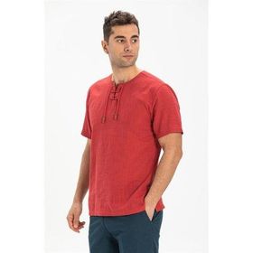 Eliş Şile Bezi Kırmızı 3051 Kısa Kol Şile Bezi Zımbalı Erkek Tshirt