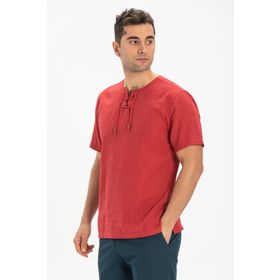 Eliş Şile Bezi Kırmızı 3051 Kısa Kol Şile Bezi Zımbalı Erkek Tshirt
