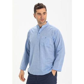 Eliş Şile Bezi Mavi 3032 Uzun Kol Şile Bezi Hakim Yaka Erkek Tshirt