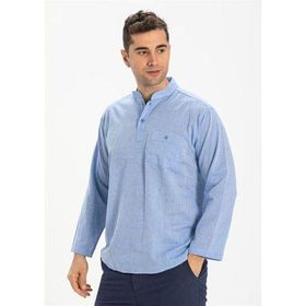 Eliş Şile Bezi Mavi 3032 Uzun Kol Şile Bezi Hakim Yaka Erkek Tshirt