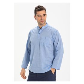 Eliş Şile Bezi Mavi 3032 Uzun Kol Şile Bezi Hakim Yaka Erkek Tshirt