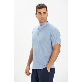 Eliş Şile Bezi Mavi 3074 Kısa Kol Şile Bezi Bodrum Erkek T-shirt Açık
