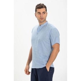 Eliş Şile Bezi Mavi 3074 Kısa Kol Şile Bezi Bodrum Erkek T-shirt Açık