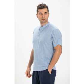 Eliş Şile Bezi Mavi 3074 Kısa Kol Şile Bezi Bodrum Erkek T-shirt Açık