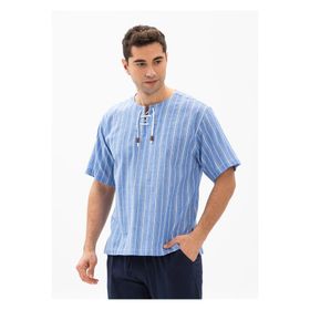 Eliş Şile Bezi Mavi Beyaz Çizgili 3019 Büyük Beden Kısa Kol Şile Bezi Zımbalı Erkek Tshirt