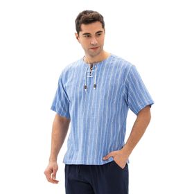 Eliş Şile Bezi Mavi Beyaz Çizgili 3019 Büyük Beden Kısa Kol Şile Bezi Zımbalı Erkek Tshirt