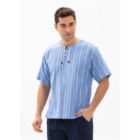 Eliş Şile Bezi Mavi Beyaz Kısa Kol Şile Bezi Zımbalı Çizgili Erkek T-shirt