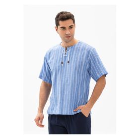 Eliş Şile Bezi Mavi Beyaz Kısa Kol Şile Bezi Zımbalı Çizgili Erkek T-shirt