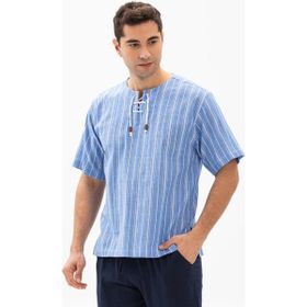 Eliş Şile Bezi Mavi Beyaz Kısa Kol Şile Bezi Zımbalı Çizgili Erkek T-shirt