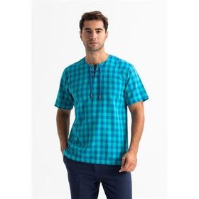 Eliş Şile Bezi Mint Kareli 3033 Kısa Kol Şile Bezi Zımbalı Erkek T-shirt