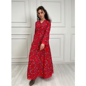 Eliş Şile Bezi Pazen Uzun Kol Seçil Uzun Çini Desen Kırmızı Elbise