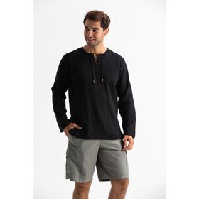 Eliş Şile Bezi Siyah 3003 Uzun Kol Şile Bezi Zımbalı Erkek Tshirt