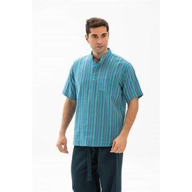 Eliş Şile Bezi Turkuaz Çizgili 3071 Kısa Kol Şile Bezi Hakim Yaka Erkek Tshirt