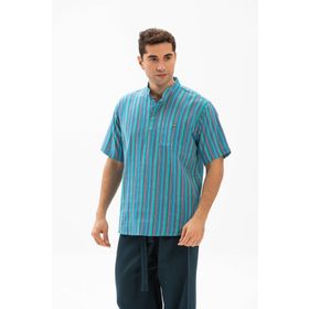 Eliş Şile Bezi Turkuaz Çizgili 3071 Kısa Kol Şile Bezi Hakim Yaka Erkek Tshirt