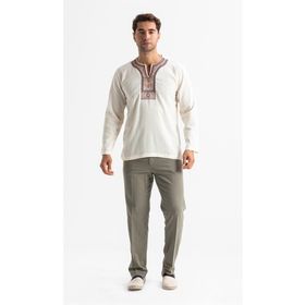 Eliş Şile Bezi Uzun Kol Şile Bezi Bisiklet Yaka Etnik Erkek Krem T-Shirt