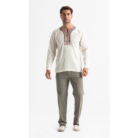 Eliş Şile Bezi Uzun Kol Şile Bezi Bisiklet Yaka Etnik Erkek Krem T-Shirt