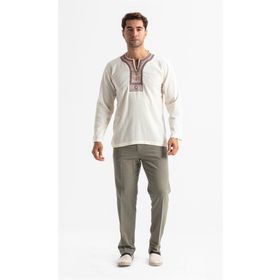 Eliş Şile Bezi Uzun Kol Şile Bezi Bisiklet Yaka Etnik Erkek Krem T-Shirt