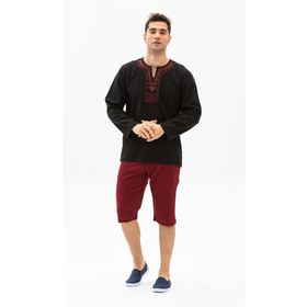 Eliş Şile Bezi Uzun Kol Şile Bezi Bisiklet Yaka Etnik Erkek Siyah T-Shirt