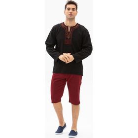 Eliş Şile Bezi Uzun Kol Şile Bezi Bisiklet Yaka Etnik Erkek Siyah T-Shirt