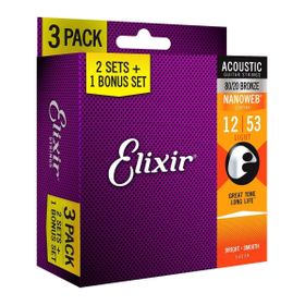 Elixir 12-53 Nanoweb 80/20 Bronze 3'lü Set Akustik Gitar Teli