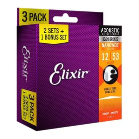 Elixir 12-53 Nanoweb 80/20 Bronze 3'lü Set Akustik Gitar Teli