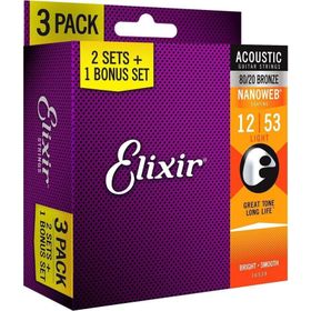 Elixir 12-53 Nanoweb 80/20 Bronze 3'lü Set Akustik Gitar Teli