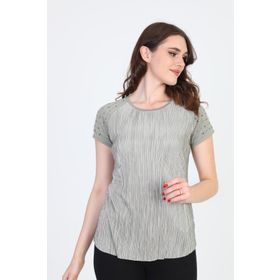 Ella Camelia 18E013 Omzu Taş Detaylı Desenli Haki Kadın Bluz