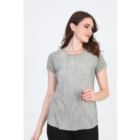 Ella Camelia 18E013 Omzu Taş Detaylı Desenli Haki Kadın Bluz