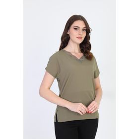 Ella Camelia 20E020 Yakası Dantel Detaylı Haki Kadın Bluz