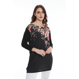 Ella Camelia 5010069 Çiçek Desenli Uzun Siyah Kadın Bluz