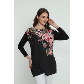 Ella Camelia 5010069 Çiçek Desenli Uzun Siyah Kadın Bluz