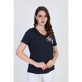 Ella Camelia 5010078 Nakış İşleme Detaylı Lacivert Melanj Kadın Bluz
