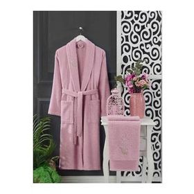 Elmira Textile 4 Parça %100 Lacivert Pembe Kadın Erkek Havlulu Bornoz Takımı