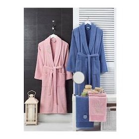 Elmira Textile 4 Parça %100 Lacivert Pembe Kadın Erkek Havlulu Bornoz Takımı