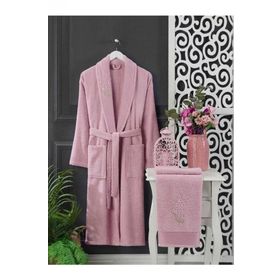 Elmira Textile 4 Parça %100 Lacivert Pembe Kadın Erkek Havlulu Bornoz Takımı